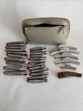 Vintage lot of 28 Goody & Tip Top Silver Metal Hair & Perm Clips with bag
